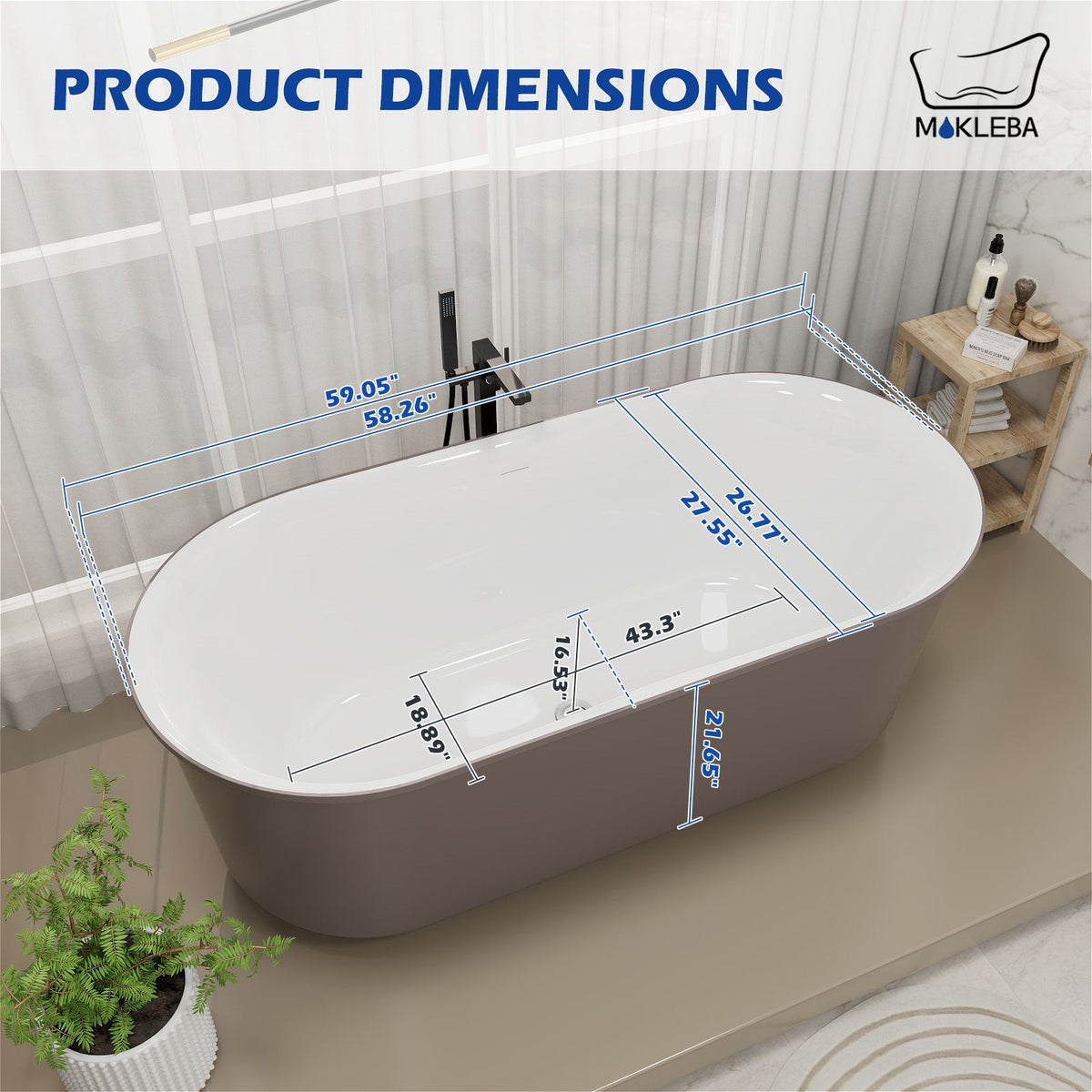 59 Inch Brown Oval Solid Surface Freestanding Soaking Tub Dimensions Outline