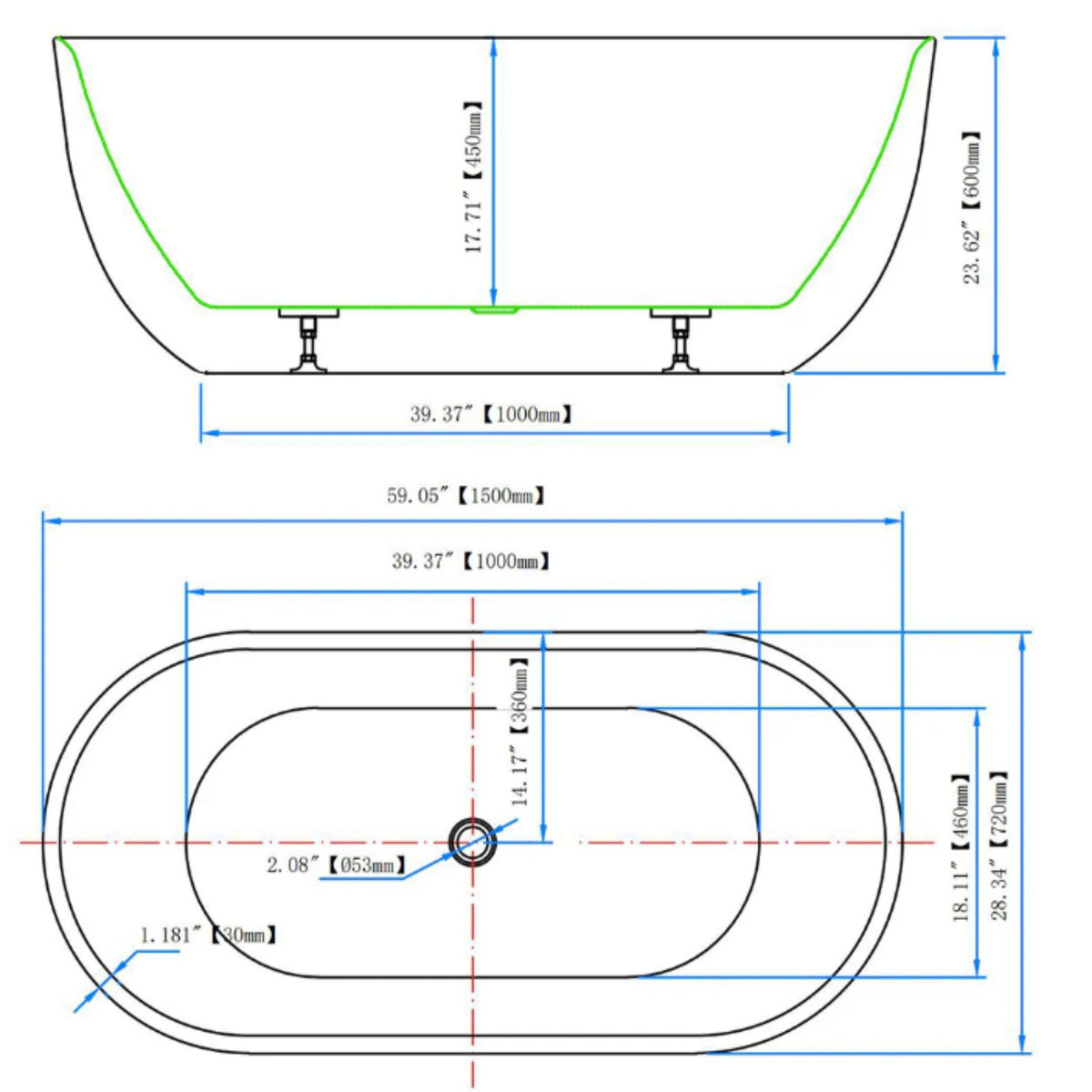 59 Inch Glossy Oval Freestanding Tub Size