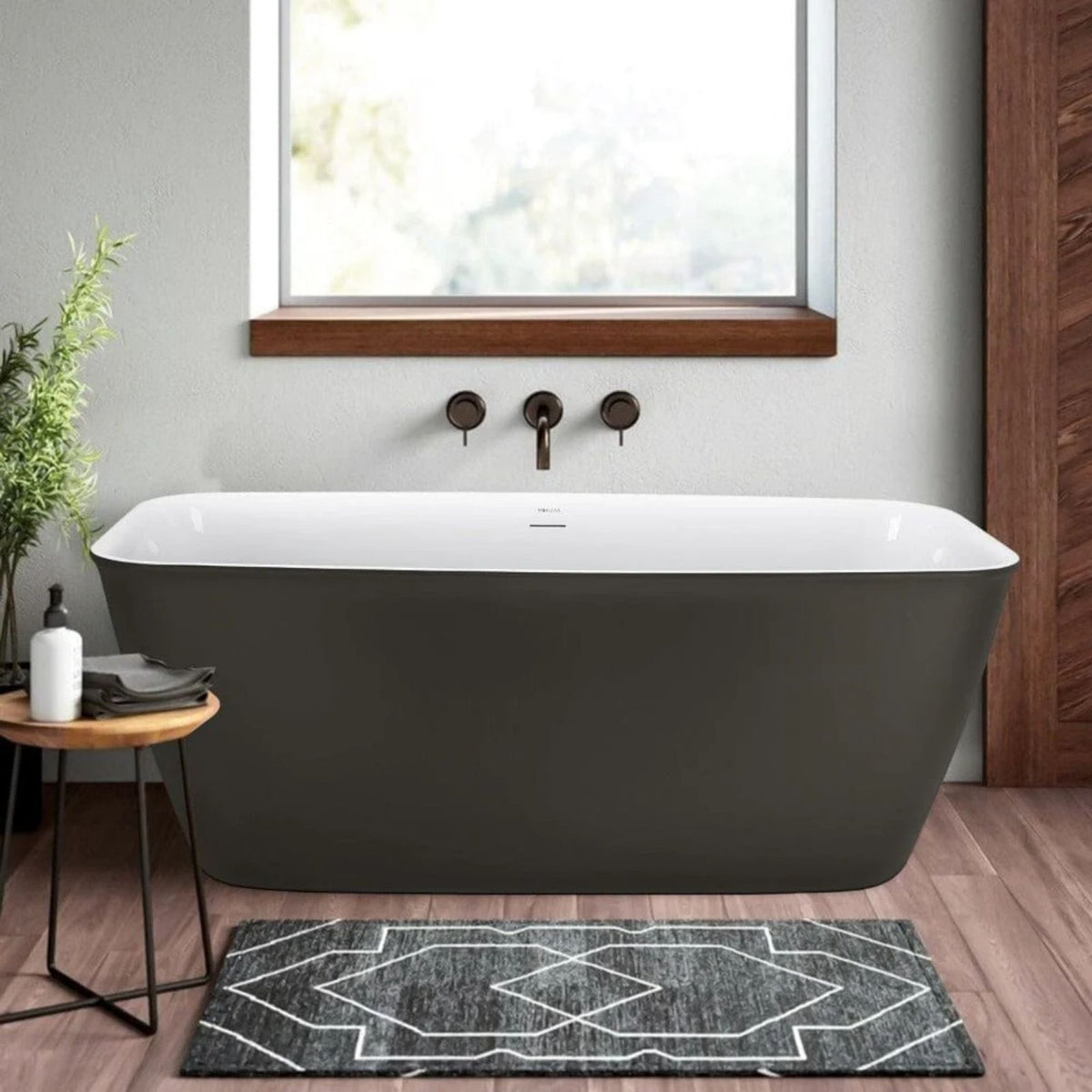 59 Inch Gray Freestanding Acrylic Soaking Tub with Center Drain