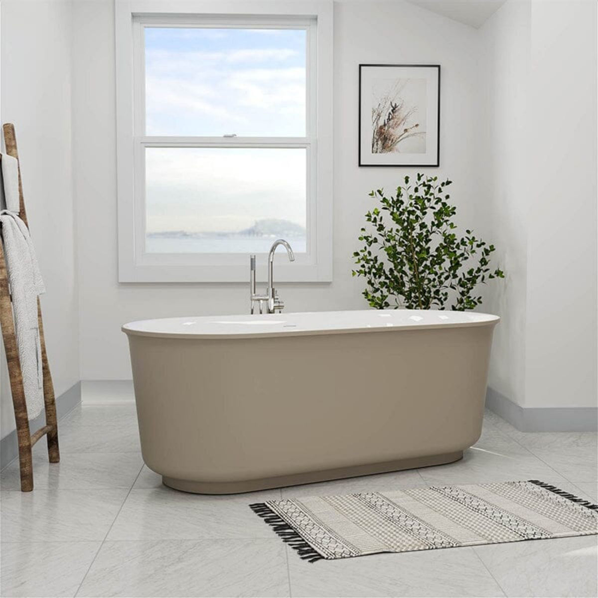 59 Inch Khaki Oval Solid Surface Freestanding Soaking Tub