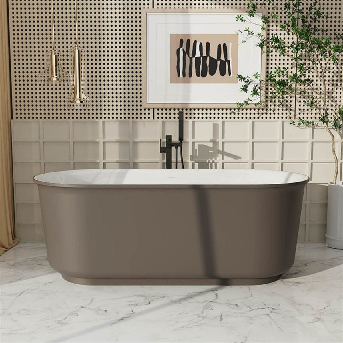 59" Brown Oval Solid Surface Freestanding Soaking Tub