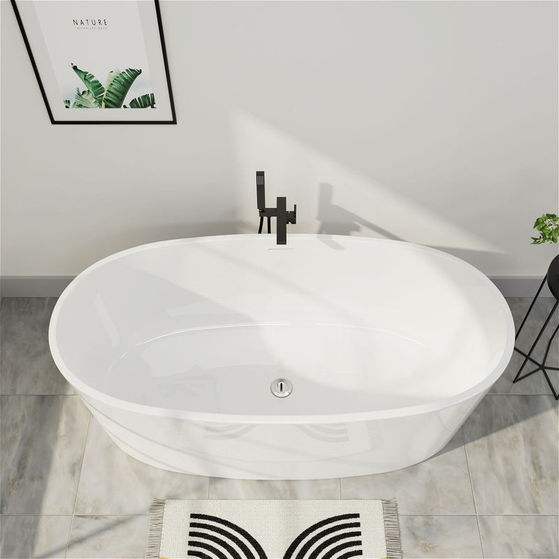 59"L x 30"W Freestanding Oval Soaking Acrylic Bathtub with Chrome Drain and Overflow