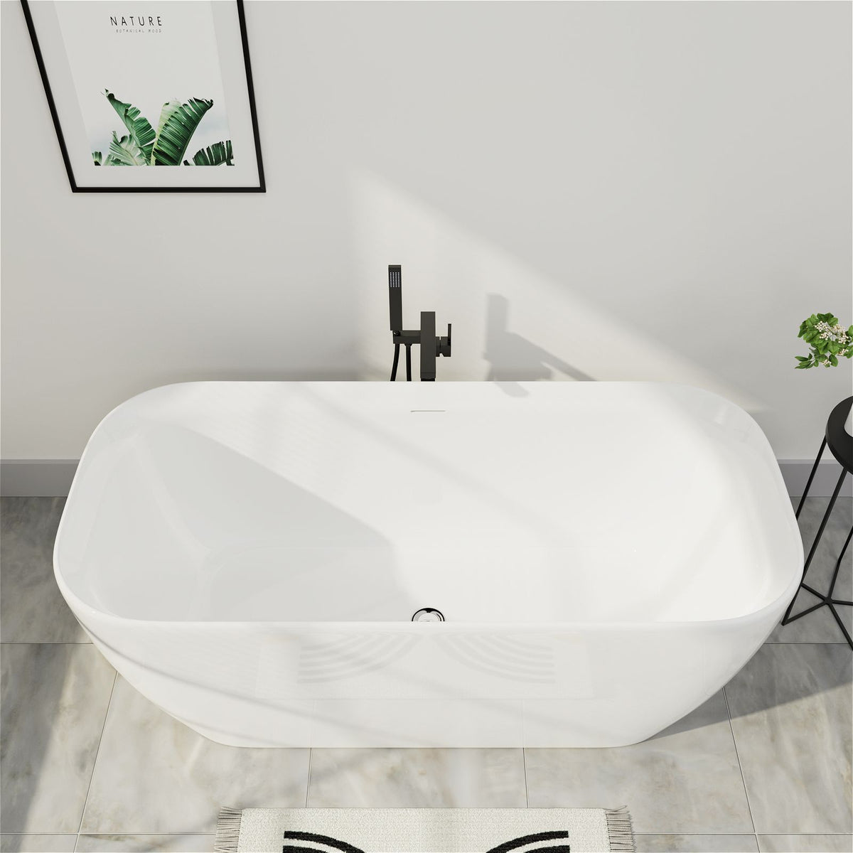 Mokleba 59" x 29" Glossy White Edge-Free Rectangular Freestanding Acrylic Soaking Bathtub