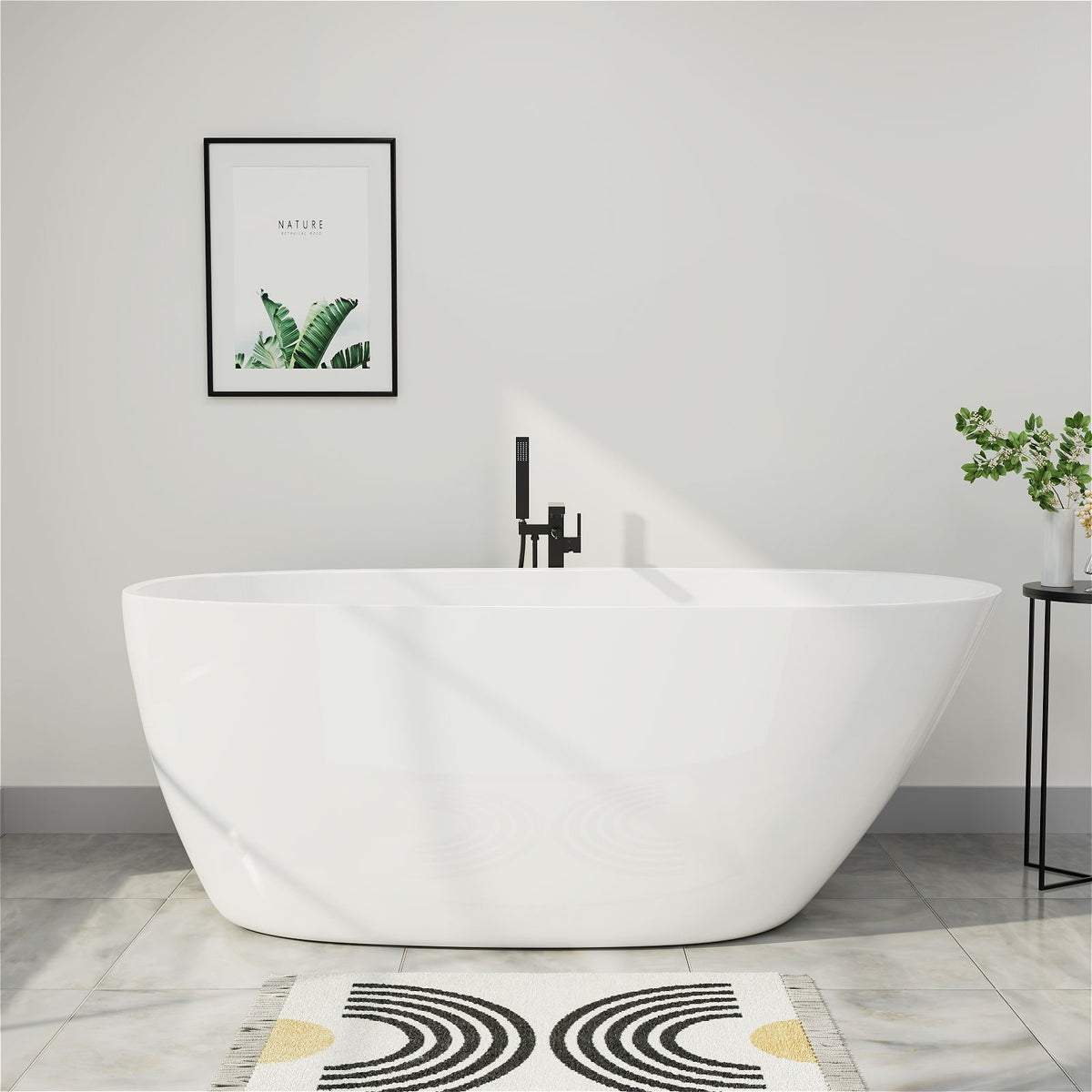 63" White Modern Design Freestanding Acrylic Soaking Tub with Overflow and Chrome Drain