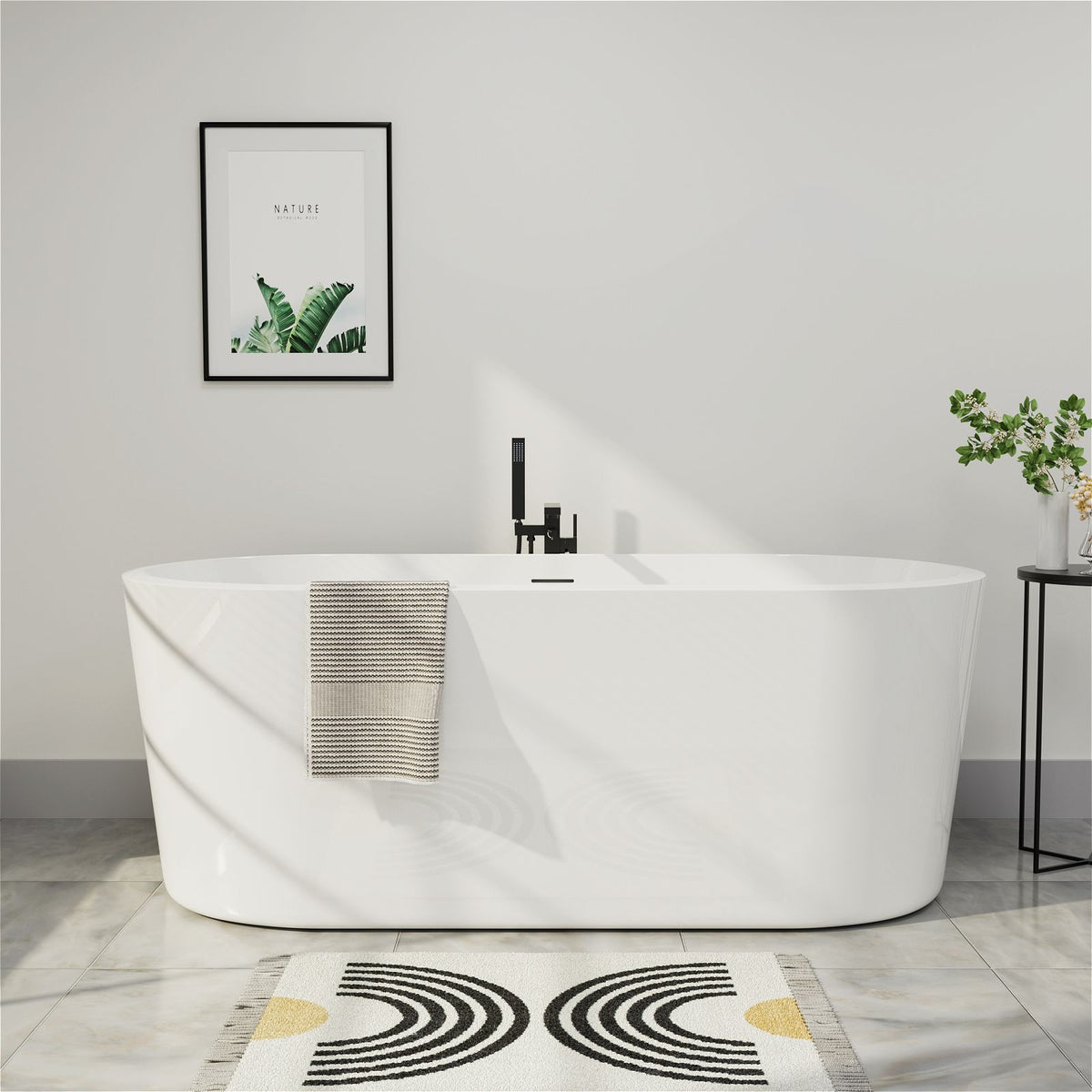 65" Mokleba Glossy White Oval Lucite Acrylic Freestanding Bathtub with Toe Tap Chrom Drain