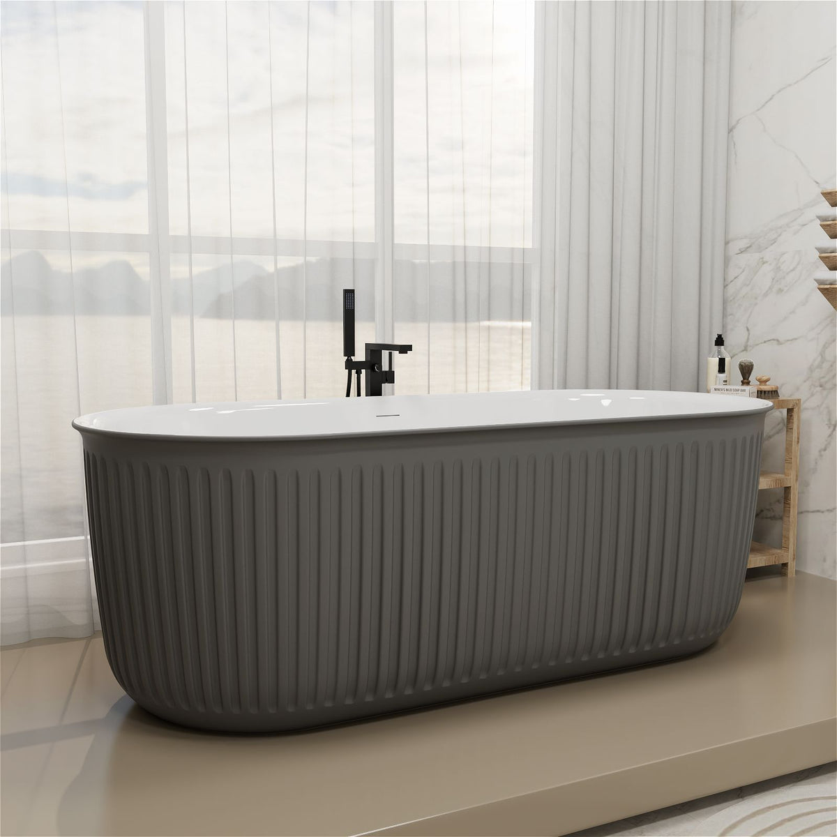 67 Inch Oval Double-Ended Acrylic Soaking Tub by Mokleba Gray