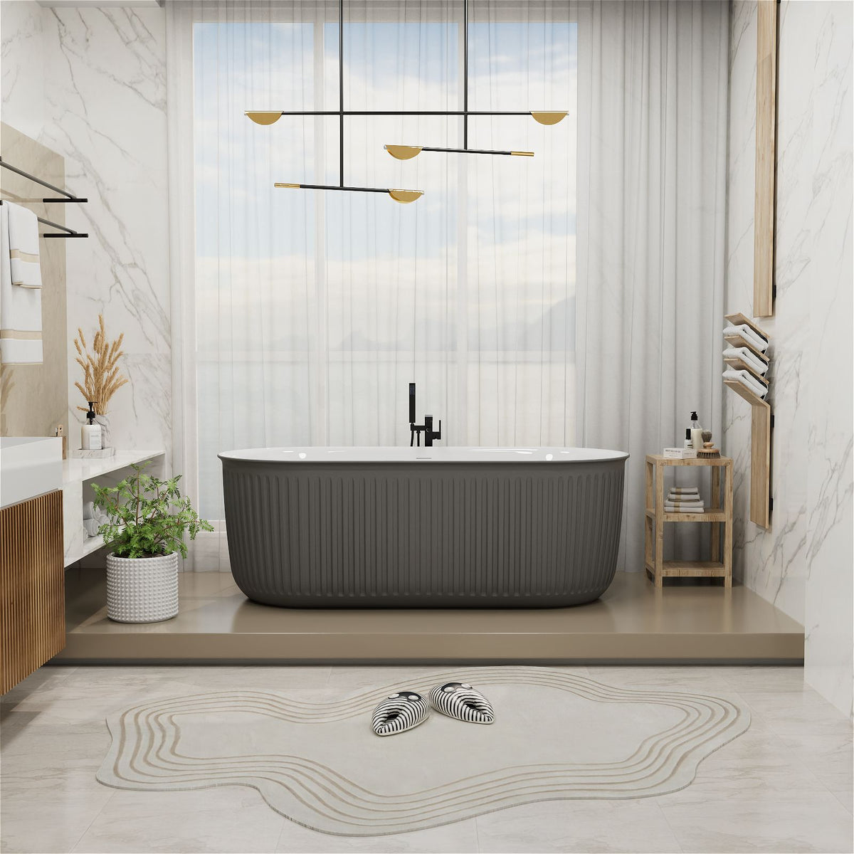 67 Inch Oval Freestanding Acrylic Bathtub Mokleba Gray