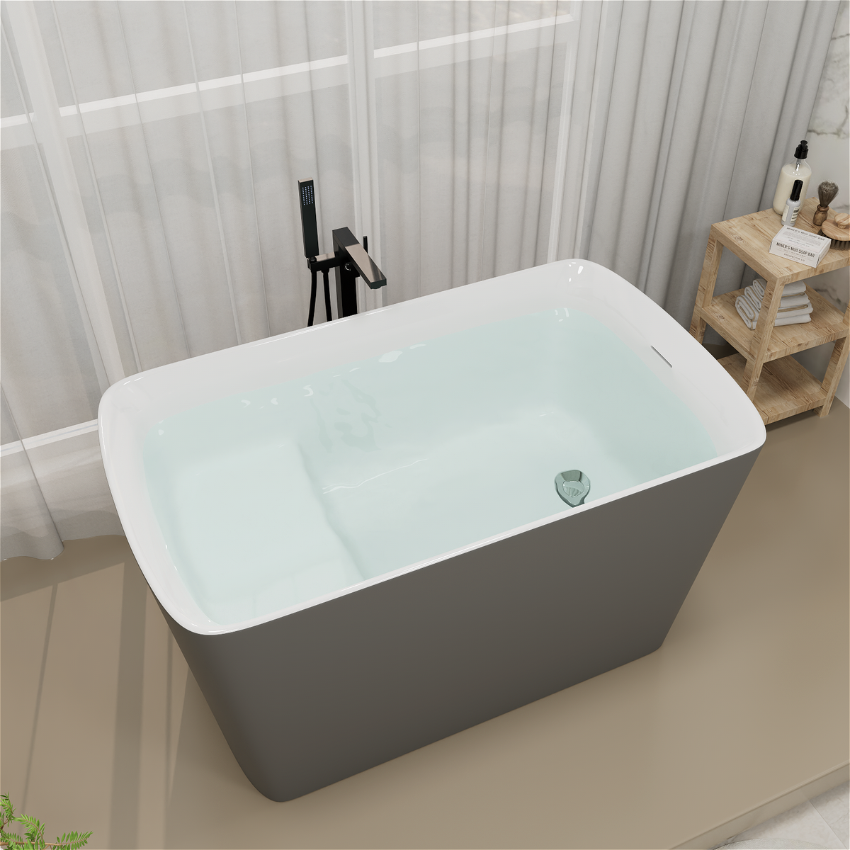 Acrylic Freestanding Square Japanese Soaking Tub with Seat and Toe-Tap Drain, Matte Gray