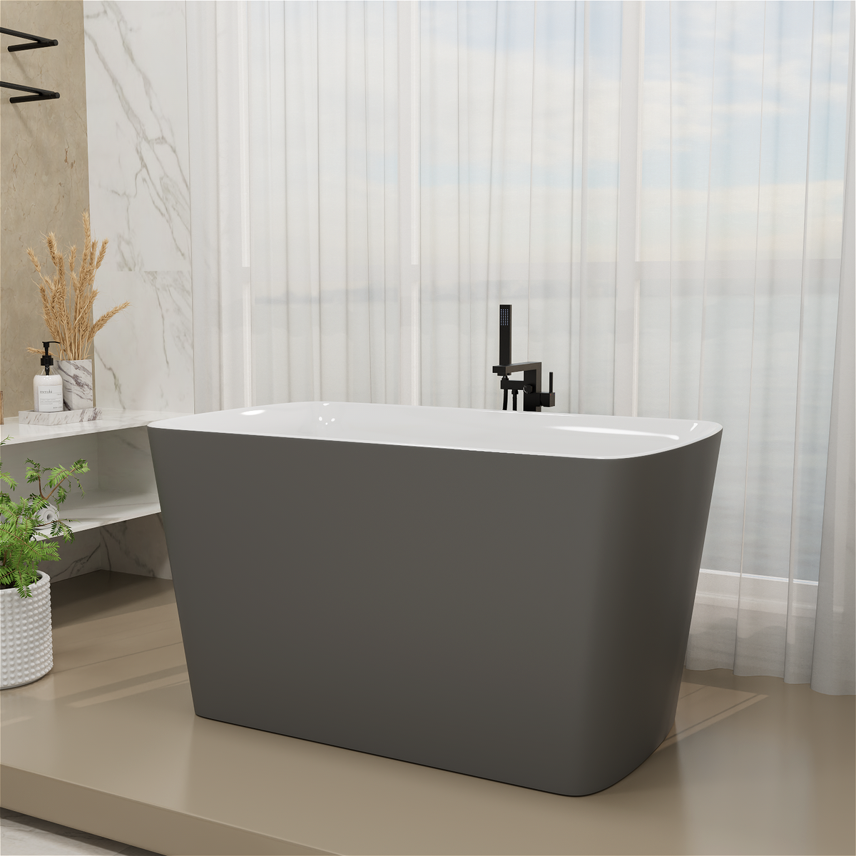 Acrylic Freestanding Square Japanese Soaking Tub with Seat and Toe-Tap Drain, Gray