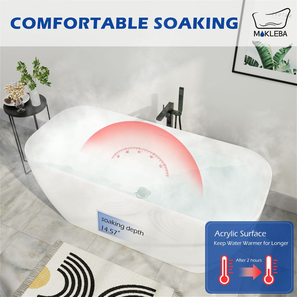 Mokleba 59" x 29" Glossy White Edge-Free Rectangular Freestanding Acrylic Soaking Bathtub