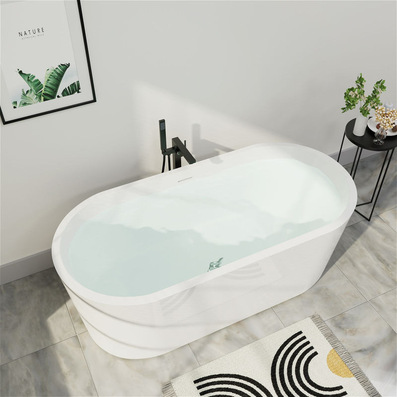 Mokleba Glossy White Oval Lucite Acrylic Toe Tap Chrome Drain Freestanding Bathtub