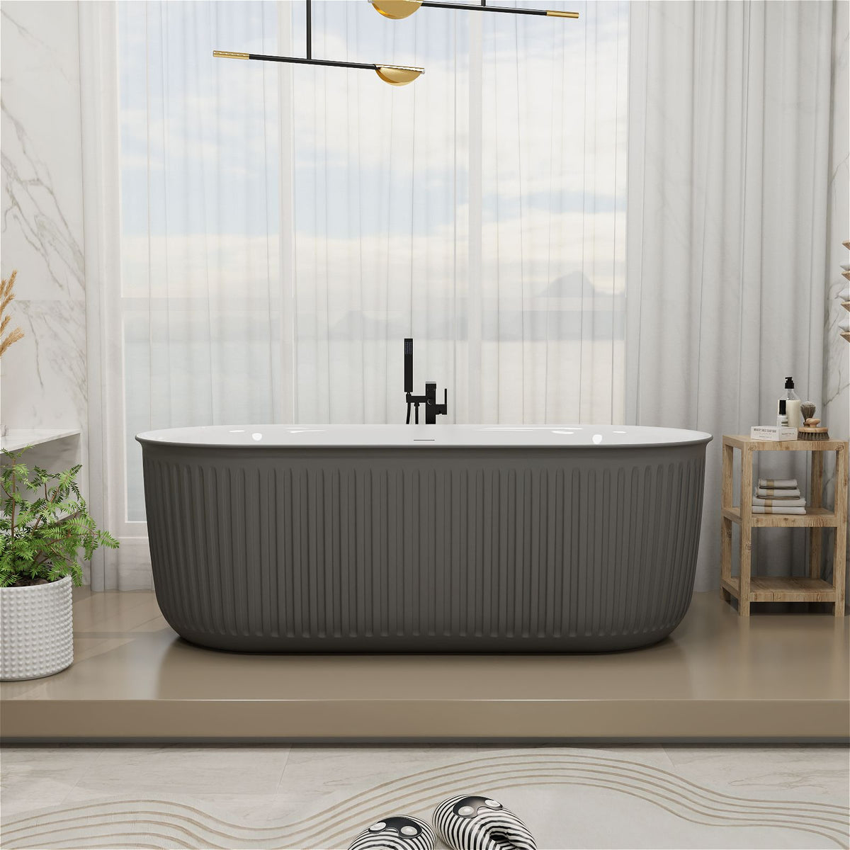 Mokleba 67 Inch Oval Fluted Double-Ended Freestanding Acrylic Soaking Bathtub Gray