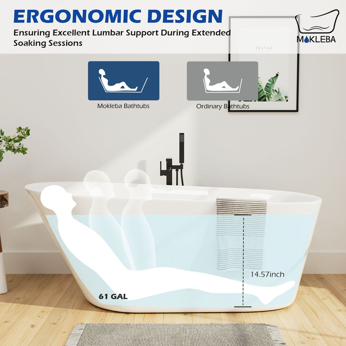 Mokleba 61" Freestanding Acrylic Single Slipper Tub Ergonomic Design