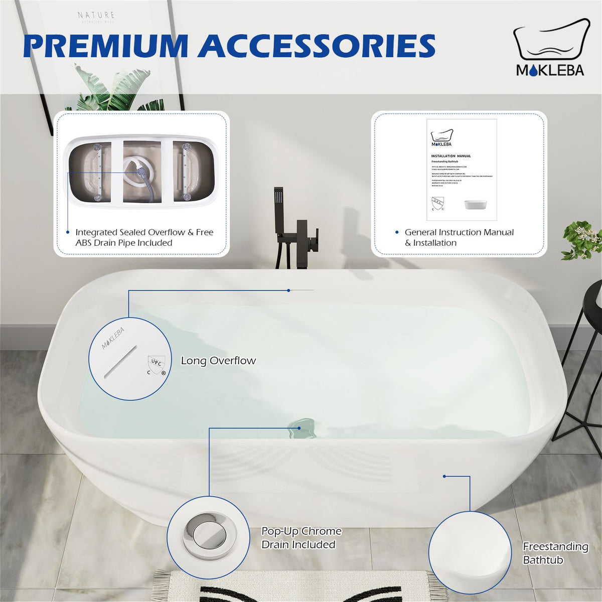 Mokleba 59" x 29" Glossy White Edge-Free Rectangular Freestanding Acrylic Soaking Bathtub