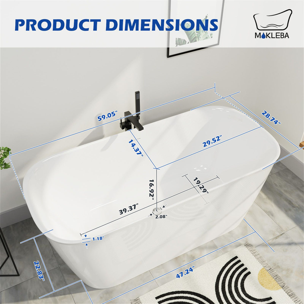 Rectangular 59 Inch Freestanding Tub Center Drain Design